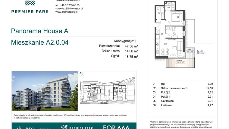 Rzut - Mieszkanie na sprzedaż 3 pokoje o powierzchni 47,56 m² - numer A2.0.04 w Premier Park II