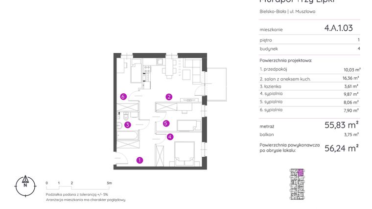 Rzut - Mieszkanie na sprzedaż 4 pokoje o powierzchni 56,24 m² - numer 4.A.1.03 w Murapol Trzy Lipki