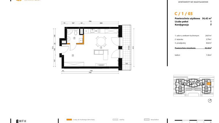 Rzut - Mieszkanie na sprzedaż 1 pokój o powierzchni 36,42 m² - numer C.1.03 w SPOT