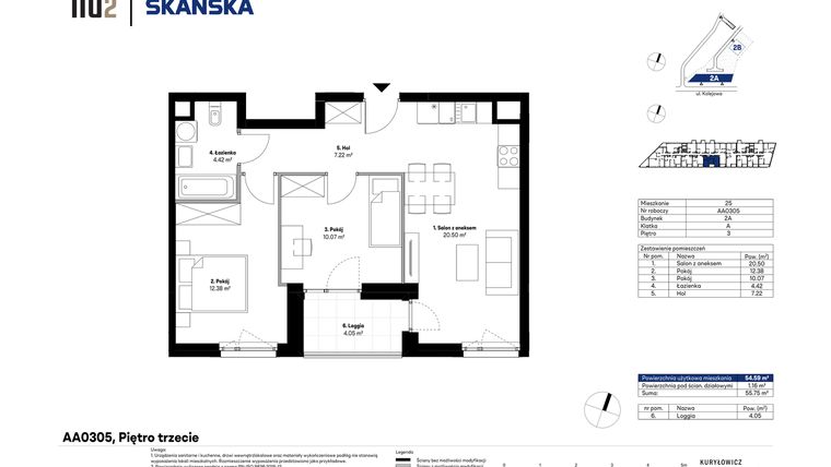 Rzut - Mieszkanie na sprzedaż 3 pokoje o powierzchni 54,59 m² - numer AA0305 w NU2 Warszawa Wola - apartamenty wykończone pod klucz