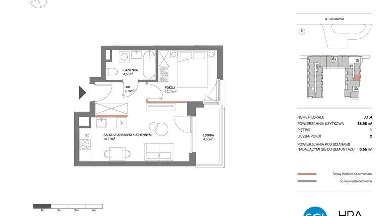 Rzut - Mieszkanie na sprzedaż 2 pokoje o powierzchni 38,95 m² - numer J.1.4 w Łopuszańska 47 - etap 3
