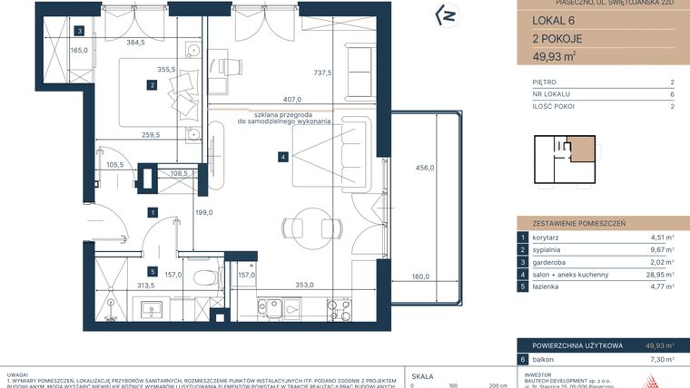 Rzut - Mieszkanie na sprzedaż 2 pokoje o powierzchni 49,93 m² - numer 6 w Classy Świętojańska