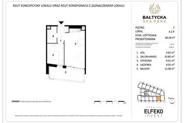 Rzut - Mieszkanie na sprzedaż 2 pokoje o powierzchni 38,28 m² - numer A.2.9 w Bałtycka Sea Park