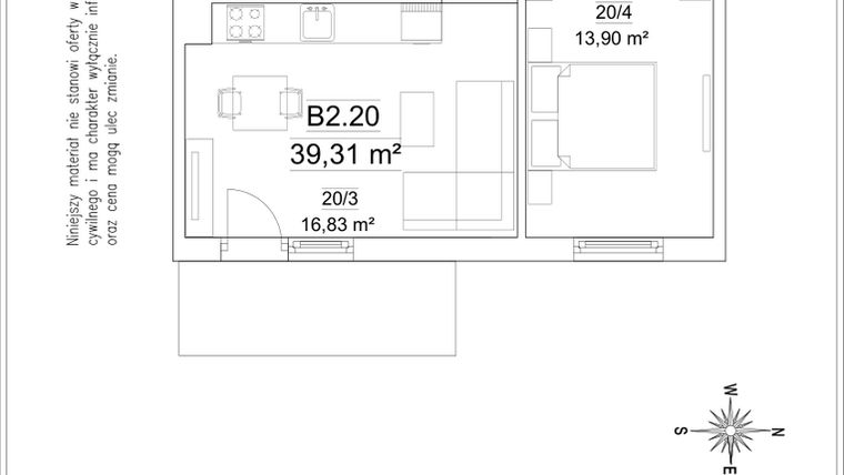 Rzut - Mieszkanie na sprzedaż 2 pokoje o powierzchni 39,31 m² - numer B2.20 w Osiedle Versus