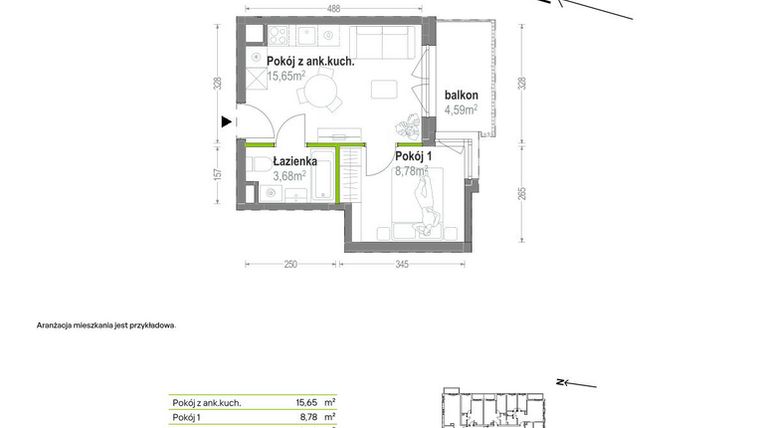 Rzut - Mieszkanie na sprzedaż 2 pokoje o powierzchni 28,11 m² - numer B.A.1.01 w Głębocka Vita