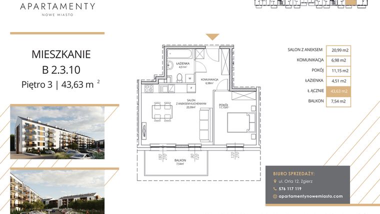 Rzut - Mieszkanie na sprzedaż 2 pokoje o powierzchni 43,63 m² - numer B2.3.10 w Apartamenty Nowe Miasto