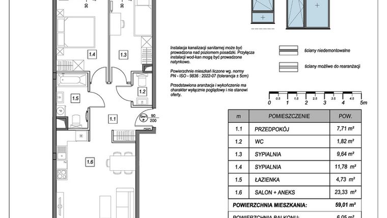 Rzut - Mieszkanie na sprzedaż 3 pokoje o powierzchni 59,01 m² - numer A.5.5 w #NaSwoim2