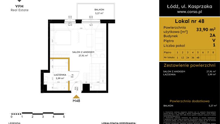 Rzut - Mieszkanie na sprzedaż 1 pokój o powierzchni 33,9 m² - numer 2A.48 w Corso etap 2