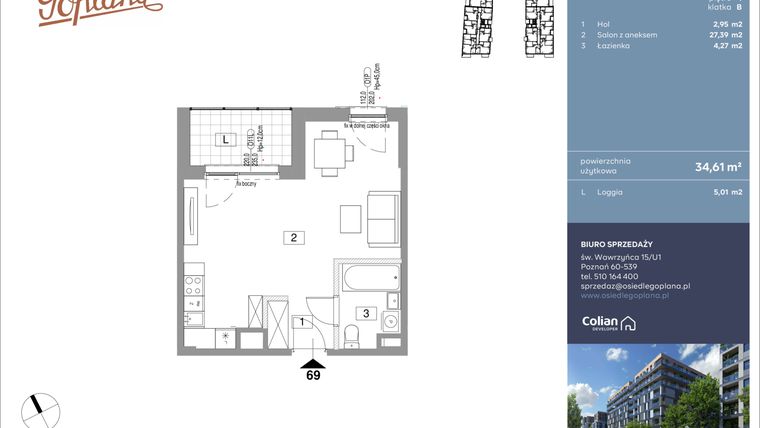 Rzut - Mieszkanie na sprzedaż 1 pokój o powierzchni 34,61 m² - numer F69 w Goplana budynek F