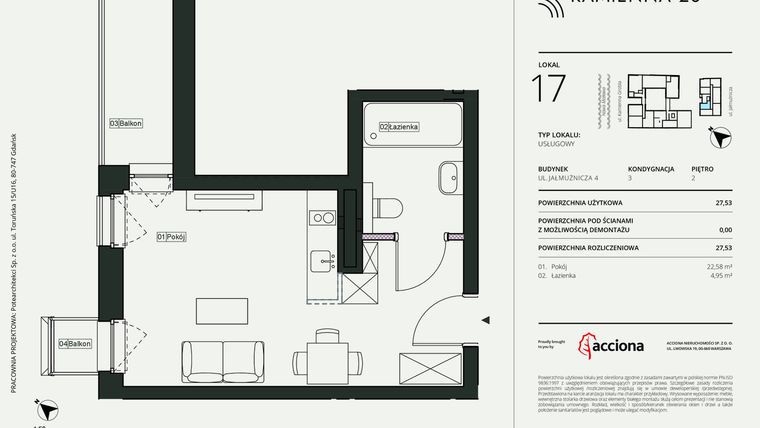 Rzut - Mieszkanie na sprzedaż 1 pokój o powierzchni 27,53 m² - numer 4.17 w Kamienna 28 - apartamenty inwestycyjne