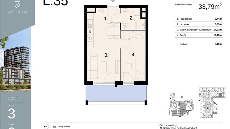 Rzut - Mieszkanie na sprzedaż 2 pokoje o powierzchni 33,79 m² - numer L35 w Sky Trust etap II - apartamenty inwestycyjne 23% VAT PRS