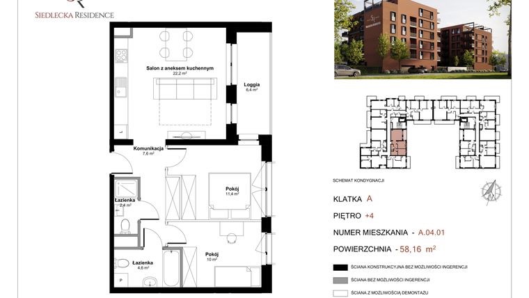 Rzut - Mieszkanie na sprzedaż 3 pokoje o powierzchni 57,76 m² - numer A-04-01 w Siedlecka Residence