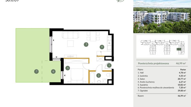 Rzut - Mieszkanie na sprzedaż 2 pokoje o powierzchni 46,99 m² - numer S6.0.09 w Ogrody Julianów