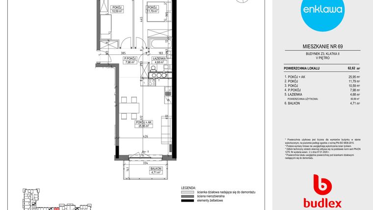 Rzut - Mieszkanie na sprzedaż 2 pokoje o powierzchni 62,62 m² - numer Z3.69 w Enklawa Apartamenty Z3