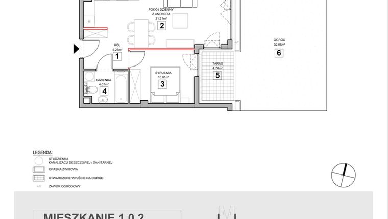 Rzut - Mieszkanie na sprzedaż 2 pokoje o powierzchni 40,98 m² - numer 1.0.2 w Zakątek Harmonia III