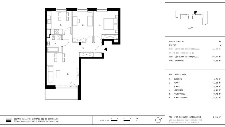 Rzut - Mieszkanie na sprzedaż 3 pokoje o powierzchni 66,74 m² - numer 5.A14 w Staszica 3
