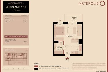 Rzut - Mieszkanie na sprzedaż 1 pokój o powierzchni 30 m² - numer 4 w Artepolis