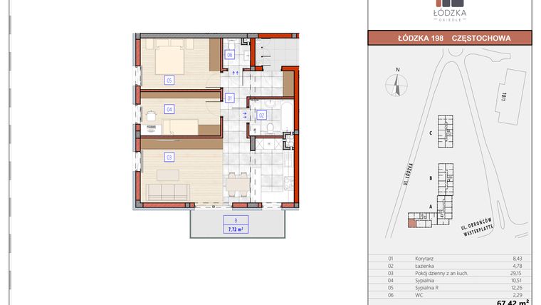 Rzut - Mieszkanie na sprzedaż 3 pokoje o powierzchni 67,84 m² - numer A.M.11 w Łódzka Osiedle