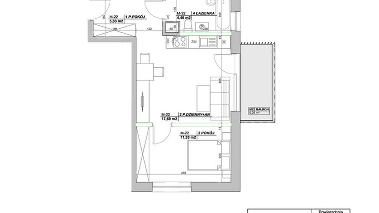 Rzut - Mieszkanie na sprzedaż 2 pokoje o powierzchni 39,21 m² - numer A22 w Laurowy Zakątek