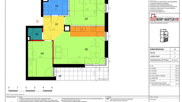 Rzut - Mieszkanie na sprzedaż 3 pokoje o powierzchni 61,72 m² - numer 36 w Apartamenty Nowy Marysin VII
