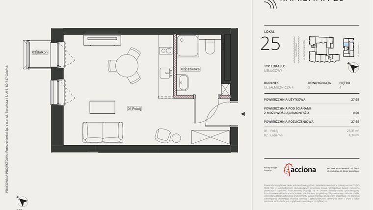 Rzut - Mieszkanie na sprzedaż 1 pokój o powierzchni 27,65 m² - numer 4.25 w Kamienna 28 - apartamenty inwestycyjne