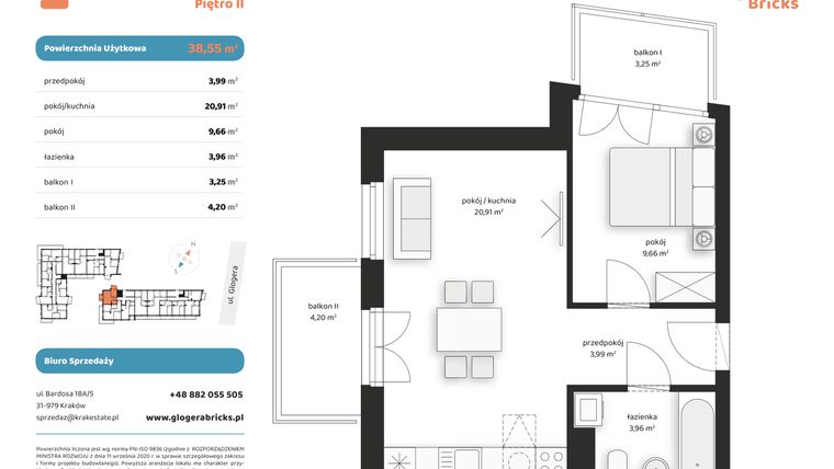 Rzut - Mieszkanie na sprzedaż 2 pokoje o powierzchni 38,55 m² - numer M II.2.4 w Glogera Bricks