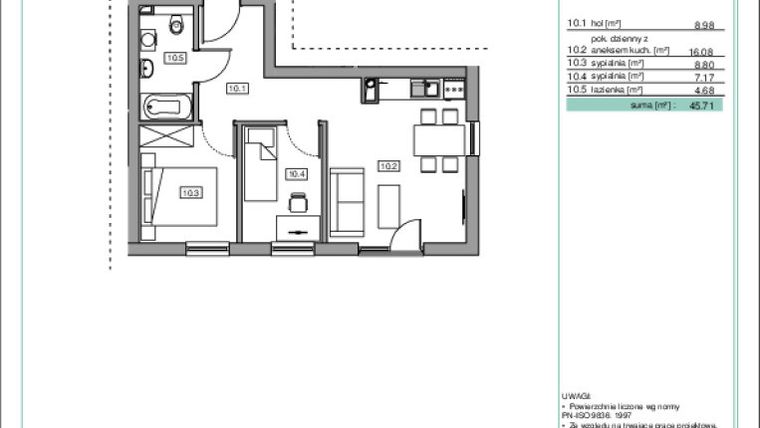 Rzut - Mieszkanie na sprzedaż 3 pokoje o powierzchni 45,91 m² - numer B3.9 w Na Wzgórzach