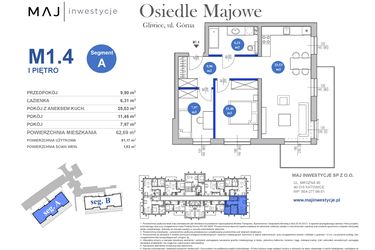 Rzut - Mieszkanie na sprzedaż 3 pokoje o powierzchni 61,17 m² - numer M1.4 w Osiedle Majowe 2.0 etap II