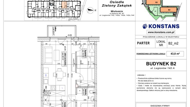 Rzut - Mieszkanie na sprzedaż 2 pokoje o powierzchni 43,8 m² - numer B2.2 w Osiedle Zielony Zakątek- etap II