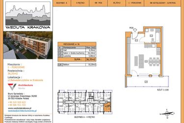 Rzut - Mieszkanie na sprzedaż 1 pokój o powierzchni 36,35 m² - numer M36 w Weduta Krakowa