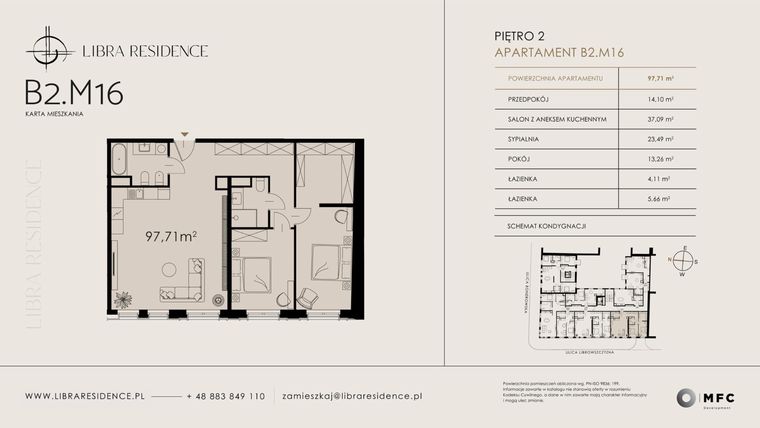 Rzut - Mieszkanie na sprzedaż 3 pokoje o powierzchni 97,71 m² - numer B2.M16 w Libra Residence