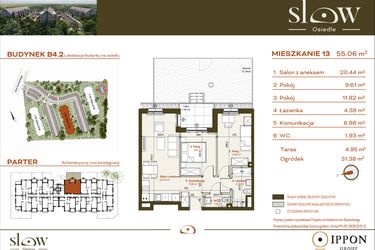 Rzut - Mieszkanie na sprzedaż 3 pokoje o powierzchni 55,06 m² - numer B4.2.13 w Osiedle SLOW