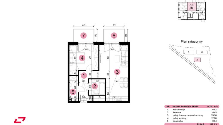 Rzut - Mieszkanie na sprzedaż 2 pokoje o powierzchni 53,13 m² - numer A-4-30 w Nowe Miasto