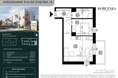 Rzut - Mieszkanie na sprzedaż 2 pokoje o powierzchni 38,02 m² - numer P.IV.02 w Korczaka Apartamenty