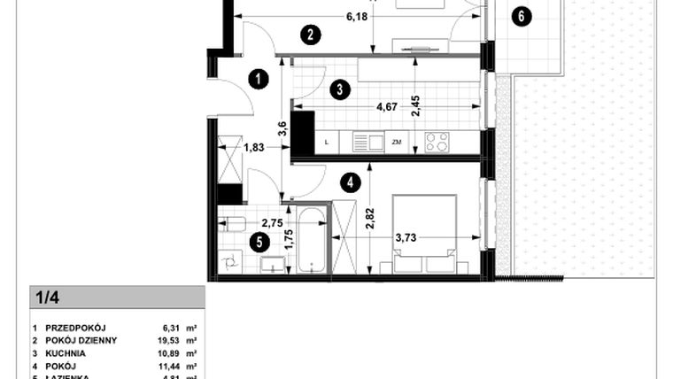 Rzut - Mieszkanie na sprzedaż 2 pokoje o powierzchni 52,98 m² - numer 2A.1/4 w Nowa Winnica