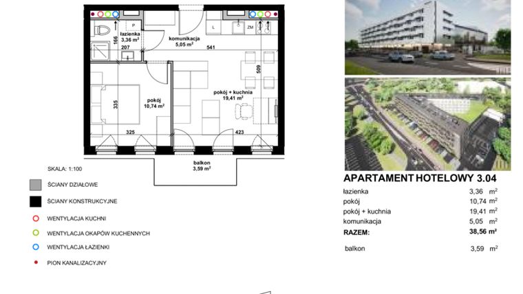 Rzut - Mieszkanie na sprzedaż 2 pokoje o powierzchni 38,51 m² - numer 3.04 w Apartamentowiec Zwycięska 3 - inwestycyjne