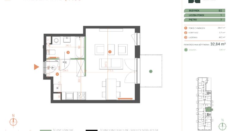 Rzut - Mieszkanie na sprzedaż 1 pokój o powierzchni 32,84 m² - numer M.07.08 w Casa Feliz Portowa