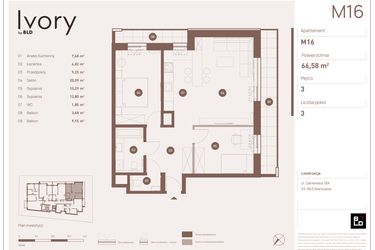 Rzut - Mieszkanie na sprzedaż 3 pokoje o powierzchni 66,58 m² - numer M16 w Ivory