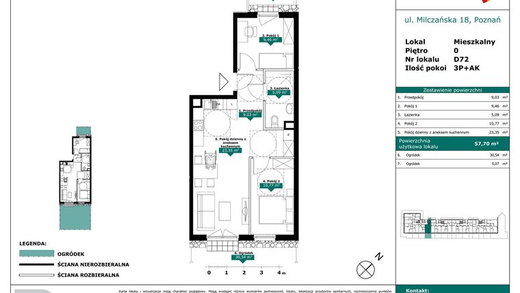 Rzut - Mieszkanie na sprzedaż 3 pokoje o powierzchni 57,7 m² - numer D72 w Milczańska 18