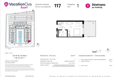 Rzut - Mieszkanie na sprzedaż 1 pokój o powierzchni 23,8 m² - numer 117 w VacationClub Resort