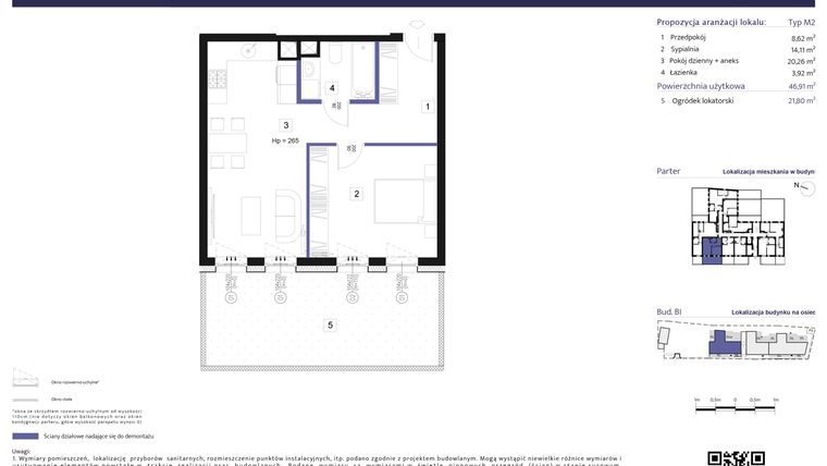 Rzut - Mieszkanie na sprzedaż 2 pokoje o powierzchni 46,91 m² - numer B1 – M0.5 w Primacasa