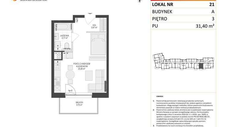 Rzut - Mieszkanie na sprzedaż 1 pokój o powierzchni 31,4 m² - numer A21 w Osiedle Warszawska etap IV