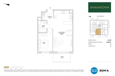 Rzut - Mieszkanie na sprzedaż 2 pokoje o powierzchni 53,9 m² - numer C.2.04 w Ananasowa