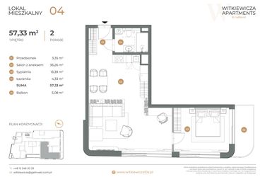 Rzut - Mieszkanie na sprzedaż 2 pokoje o powierzchni 57,33 m² - numer 4 w Witkiewicza Apartments