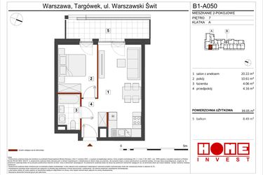 Rzut - Mieszkanie na sprzedaż 2 pokoje o powierzchni 39,05 m² - numer B1-A050 w Warszawski Świt etap VIII