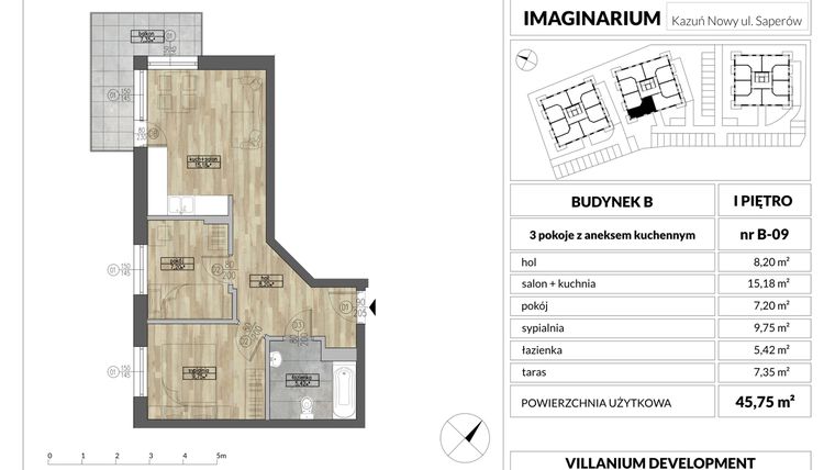 Rzut - Mieszkanie na sprzedaż 3 pokoje o powierzchni 45,75 m² - numer 9 w Imaginarium Kazuń Nowy - bud. B