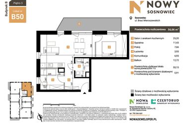 Rzut - Mieszkanie na sprzedaż 3 pokoje o powierzchni 56,06 m² - numer B50 w Nowy Sosnowiec