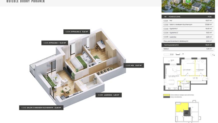 Rzut - Mieszkanie na sprzedaż 3 pokoje o powierzchni 68,1 m² - numer C.1.3 w Dobry Poranek
