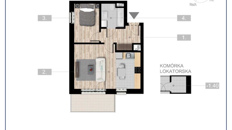 Rzut - Mieszkanie na sprzedaż 2 pokoje o powierzchni 41,47 m² - numer 2 w Szczytno Dąbrowskiego - etap 3