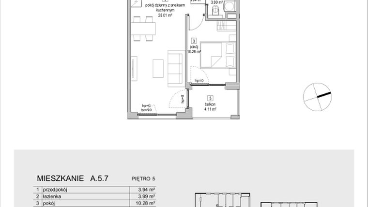Rzut - Mieszkanie na sprzedaż 2 pokoje o powierzchni 43,22 m² - numer A.5.7 w ATAL Symbioza IA